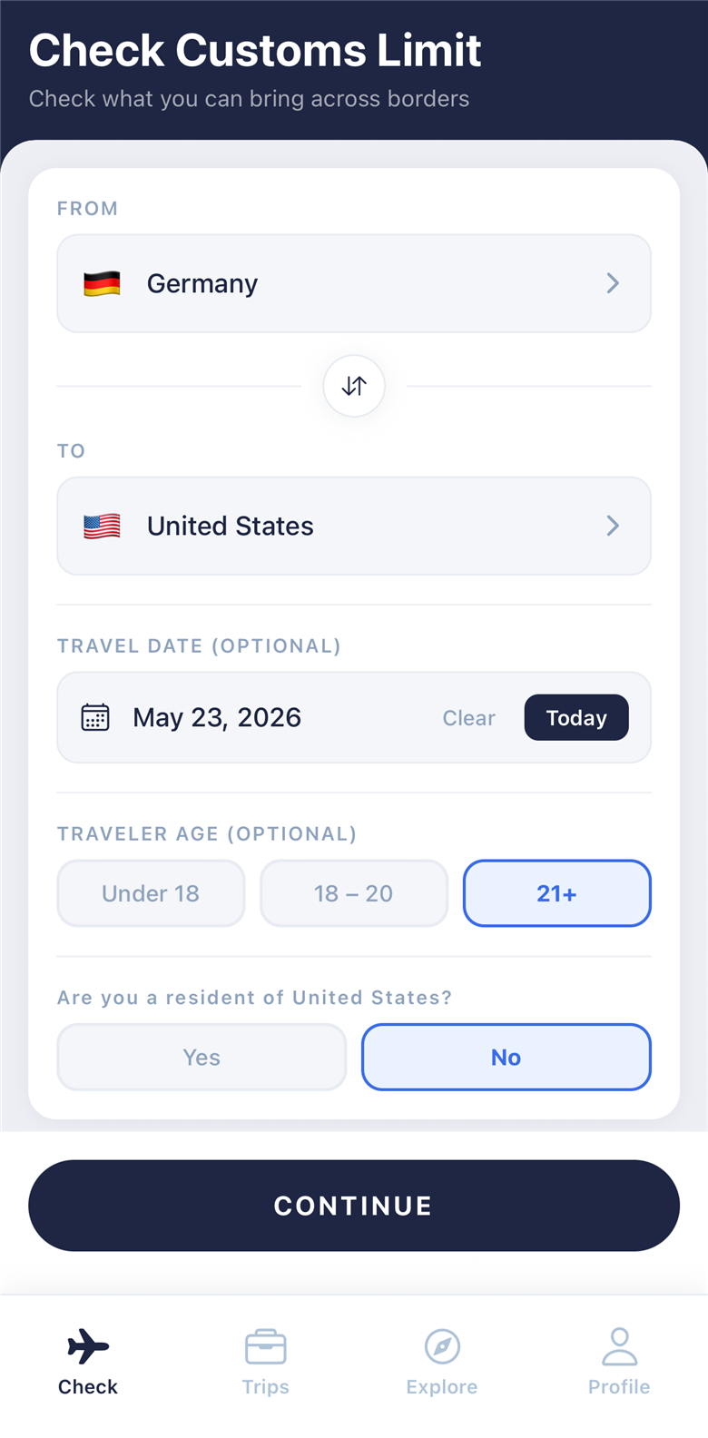 CustomsLimit route and traveler setup screen
