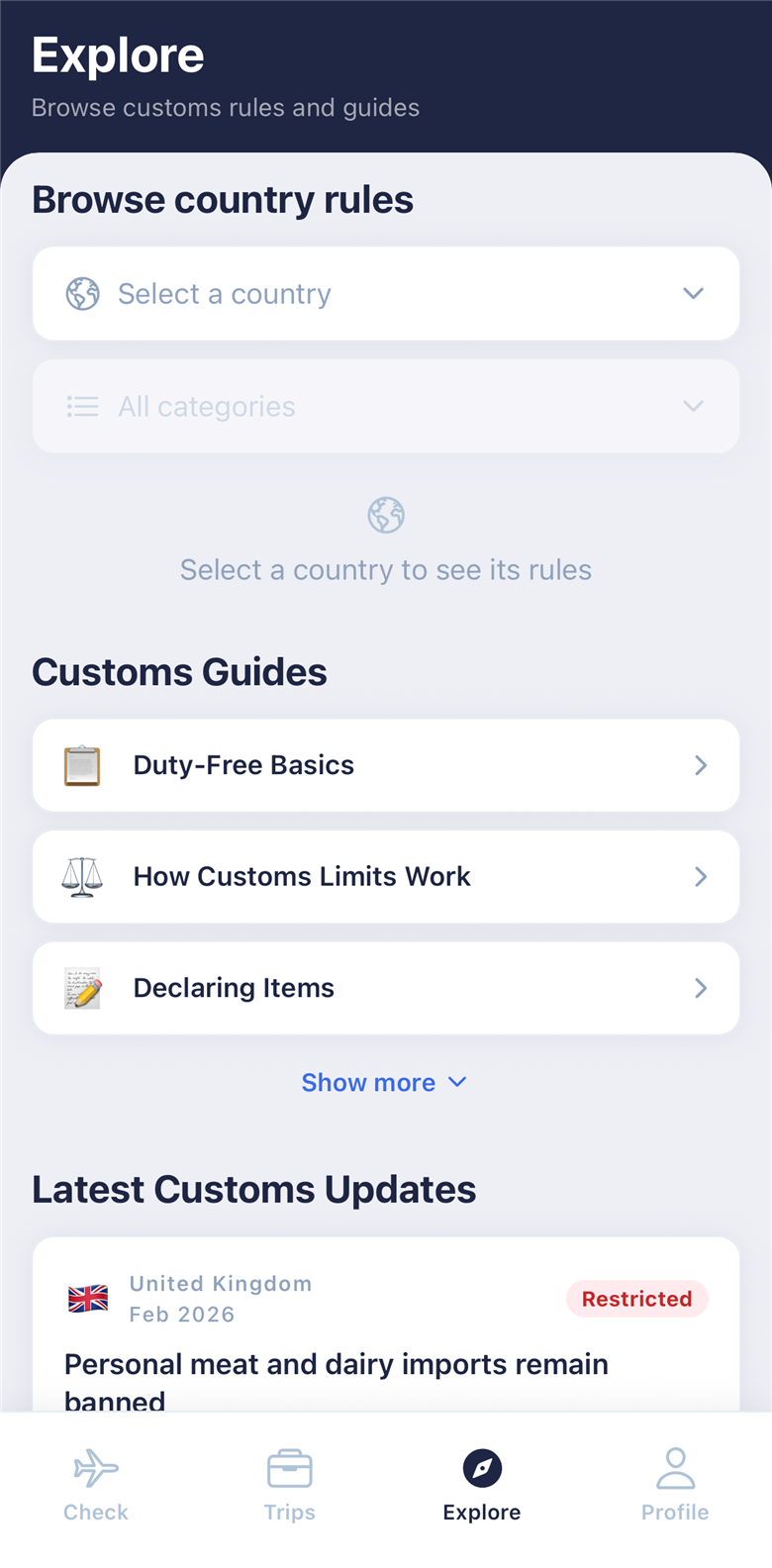 Explore screen with customs guides and updates in CustomsLimit
