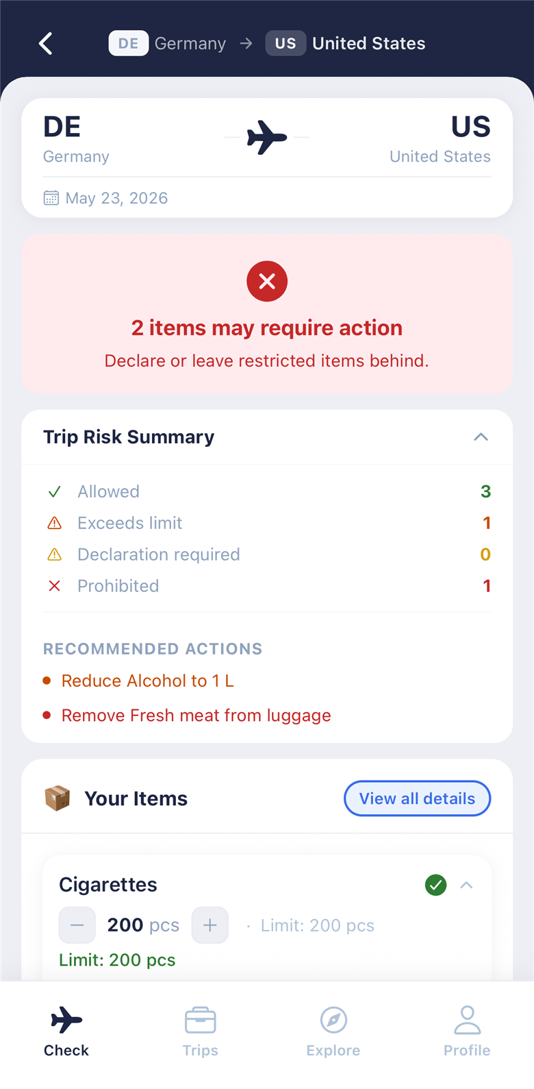 CustomsLimit customs summary screen